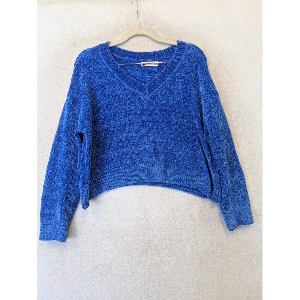 SO Sweater Women's‎ Small Blue Cropped V-Neck Chenille Long Sleeve Relaxed Fit